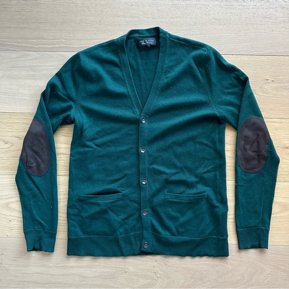 Rag & Bone Green Wool Blend Cardigan with Leather Elbow Patches, Small